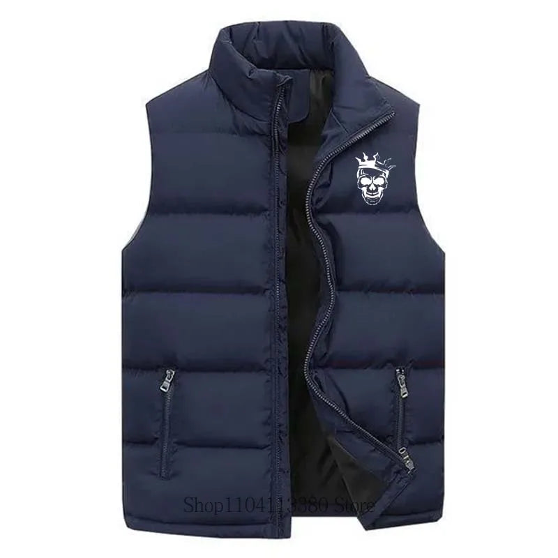 New Men Clothing Skeleton Printed Vest Autumn Winter Casual Fashion Mandarin Collar Zipper Sleeveless Warm Jacket Vest Coat