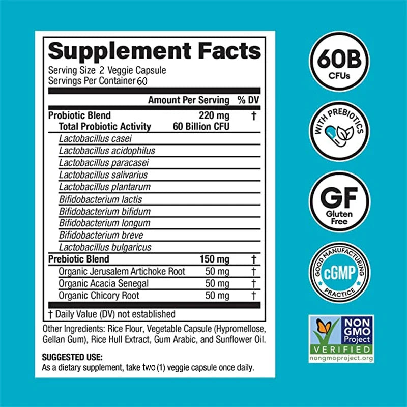 Probiotics 60 Billion CFU - 10 Strains + Organic Prebiotics, Immune, Digestive, Gut Health, Supports Constipation, Gas, Bloating
