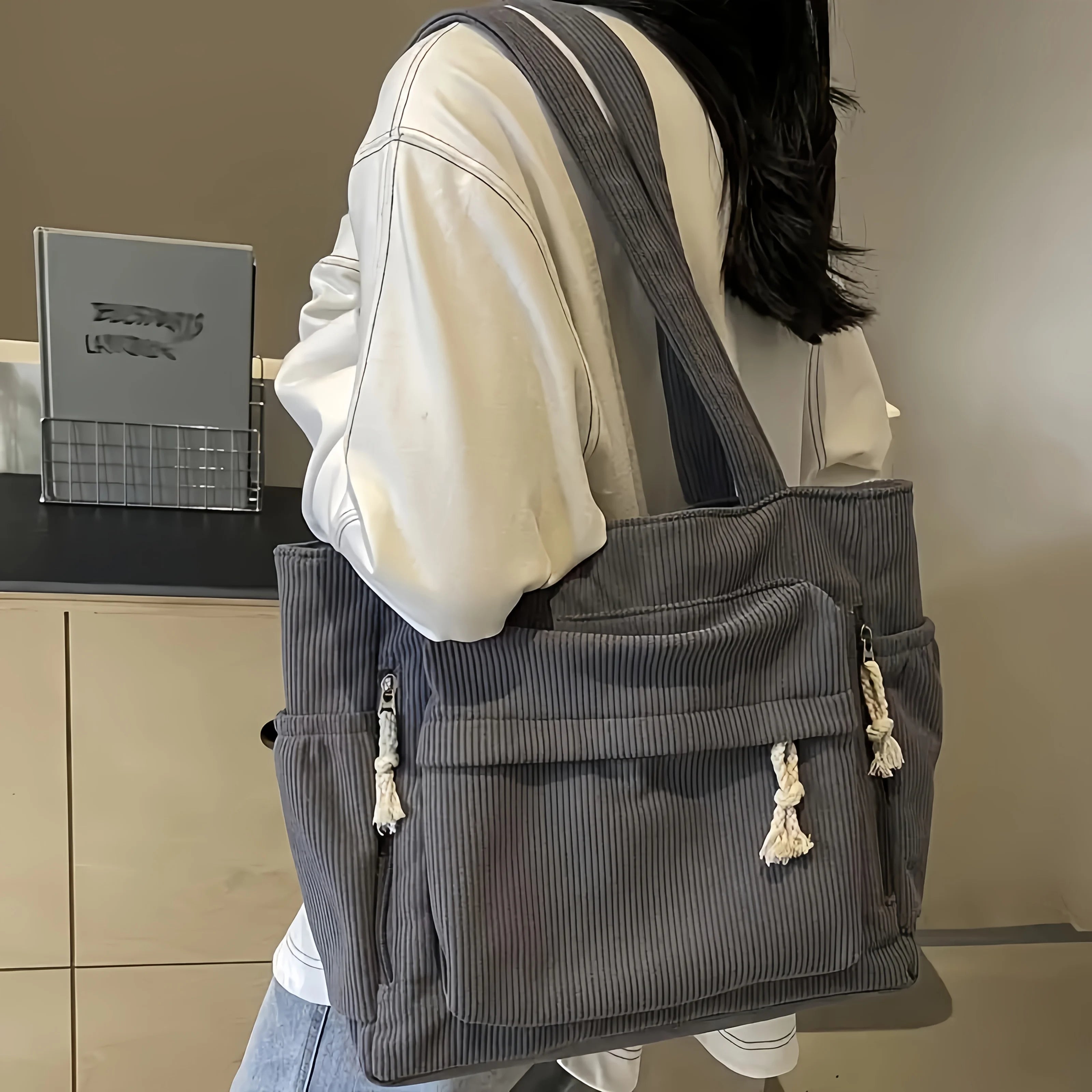 Vintage Corduroy Handbag Shoulder Bag with Multiple Pockets, Fixed Straps, Zipper Closure, Ideal for Outing, Commuting, Travel