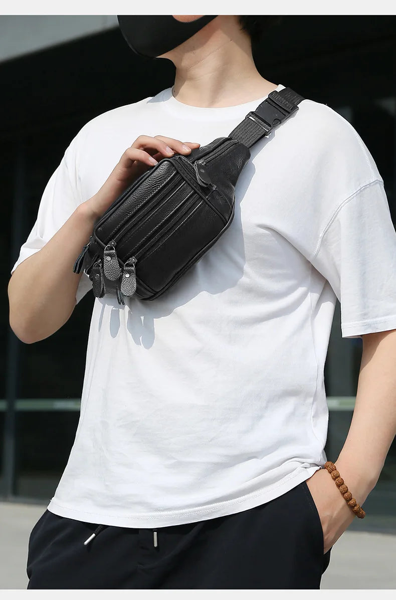 Large Capacity Waterproof PU Leather Men's Waist Bag Male Zipper Site Workers Travel Phone Bag Fanny Pack Men