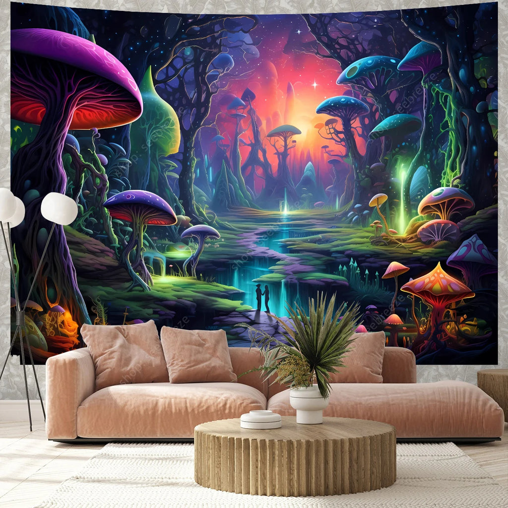 Fantasy Mushroom UV Reactive Tapestry Beautiful Floral Plant Tapestry Wall Hanging Gothic Home Wall Decor Room Decor Aesthetic
