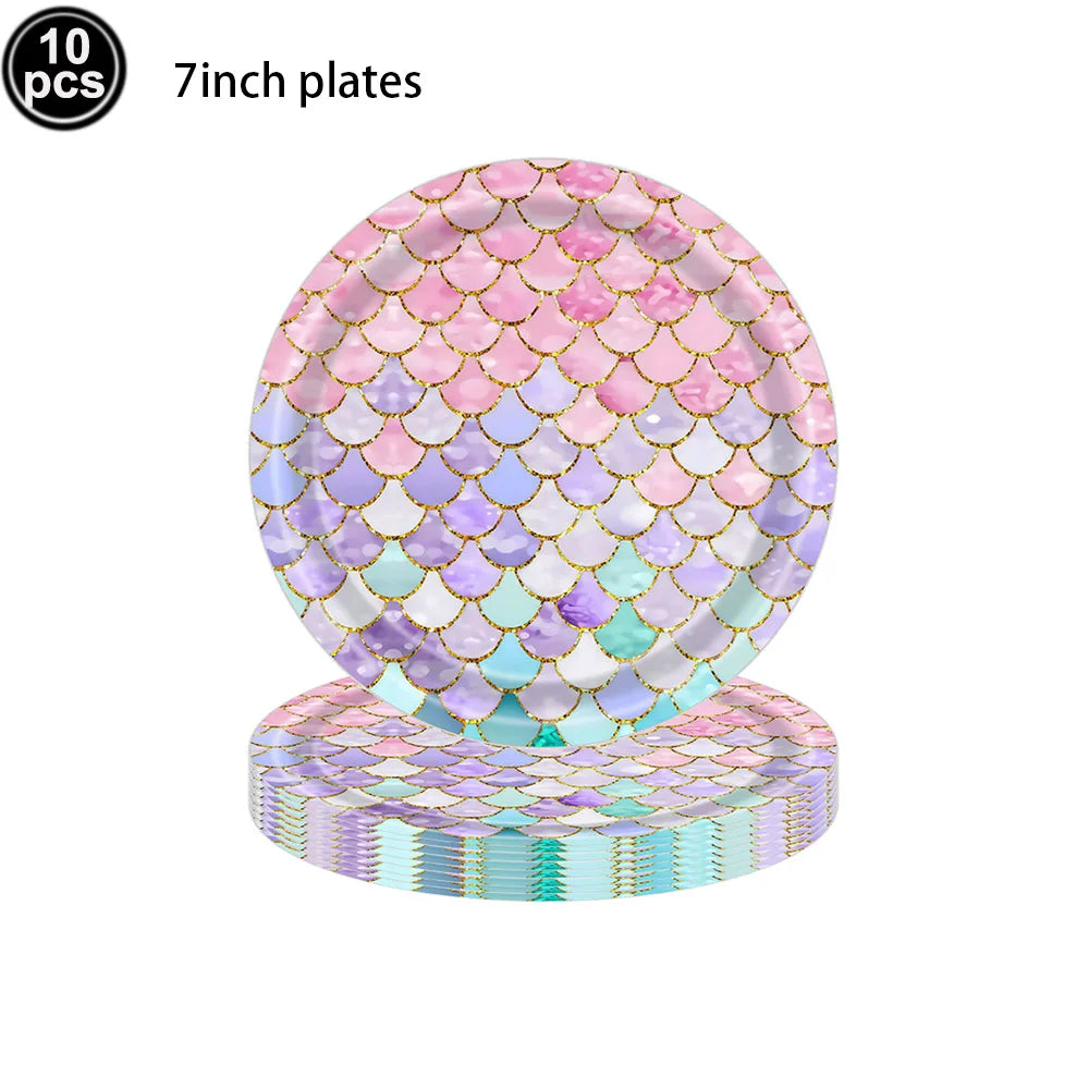 Mermaid Tableware Set Paper Plates Cup Tablecloth Little Mermaid Balloons Kids Girl Mermaid Birthday Party Decoration Supplies