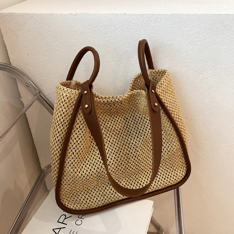 Summer Large Beach Bag Ladies Designer Tote Straw Woven Hollow Shoulder Out Soft Large Capacity Vacation Shopping Handbag Purse