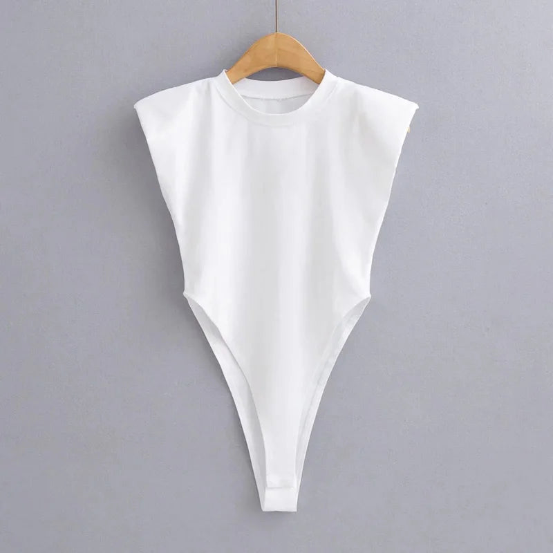 Summer 2025 Sexy Women's Bodycon Bodysuit Sleeveless Padded Shoulder One-Piece Black White Sexy Tops for Women