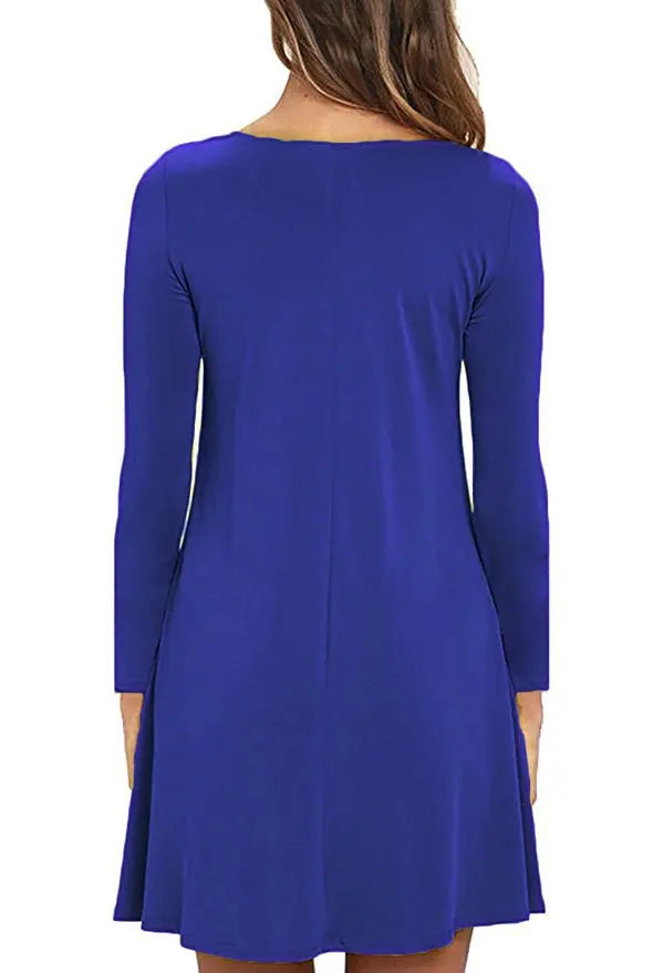 Women's Clothing New Autumn Winter Dress Solid Color Round Neck Swing Pocket Swing