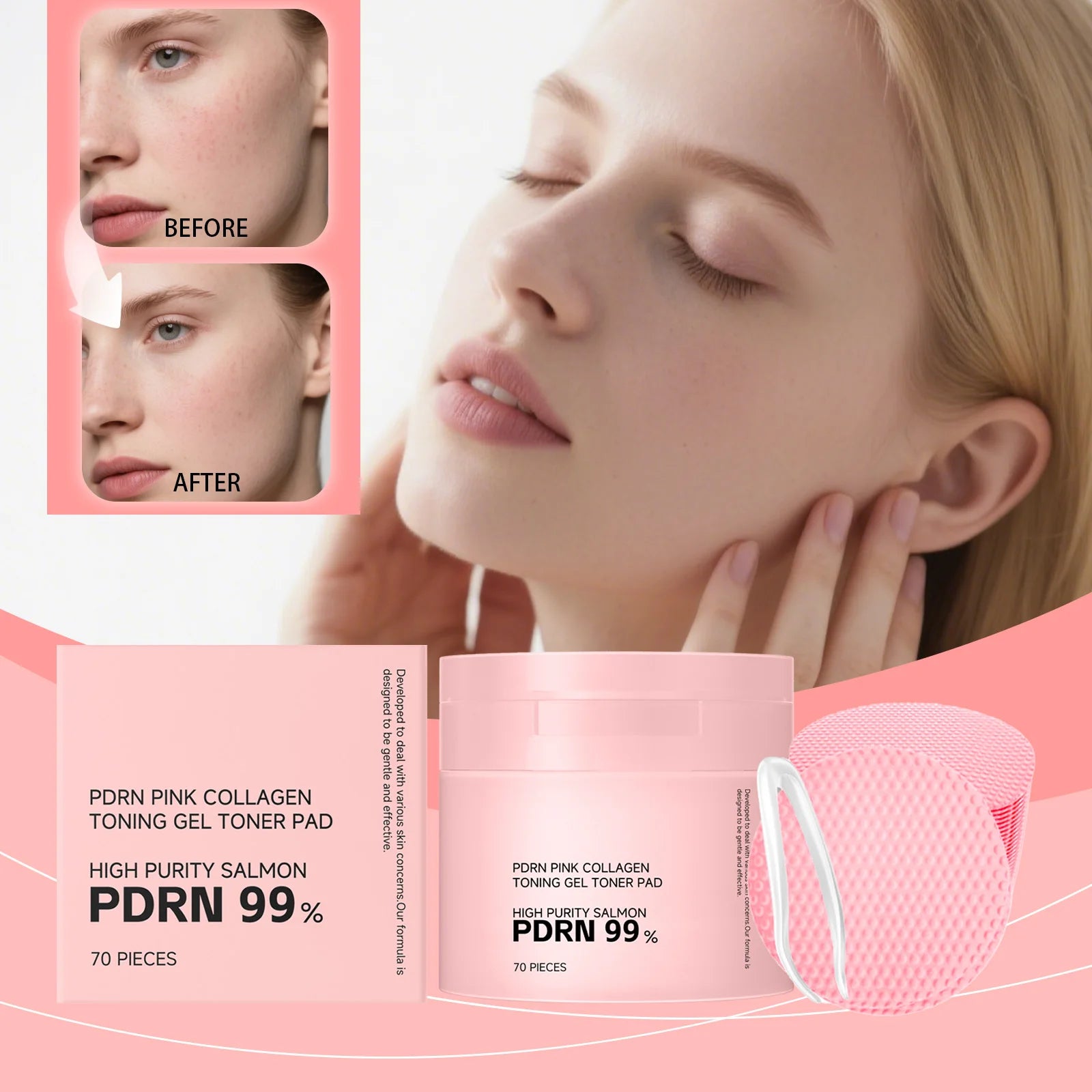 PDRN Pink Collagen Toning Gel Toner Pad Hydrating Shrink Pores Brightening Improve Skin Elasticity Smoothing Firming Cotton Pads