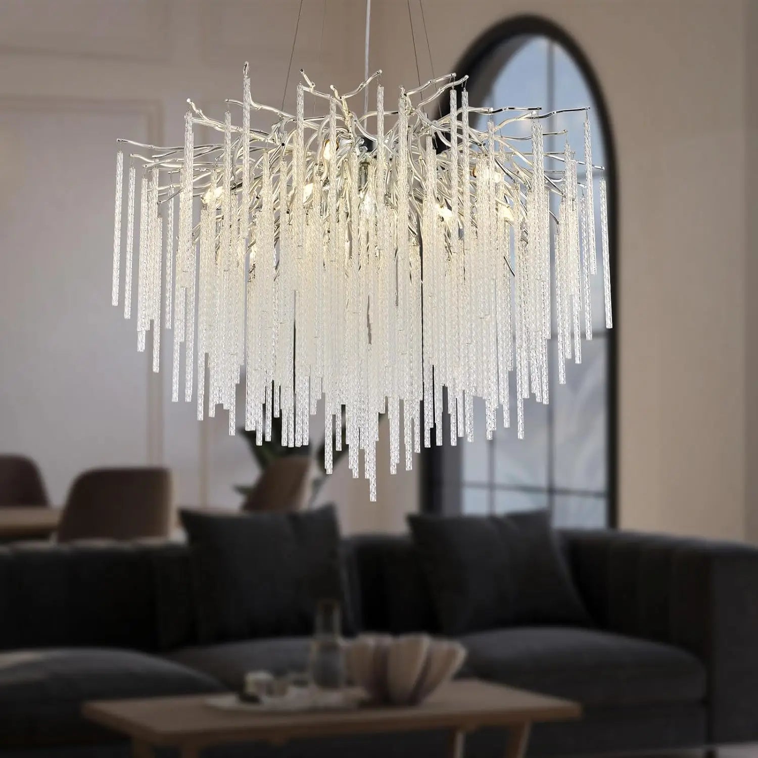 Long Crystal Branch Chandeliers For Dining Room Kitchen Table, Modern Black Crystal Hanging Chandelier Living Room Bedroom