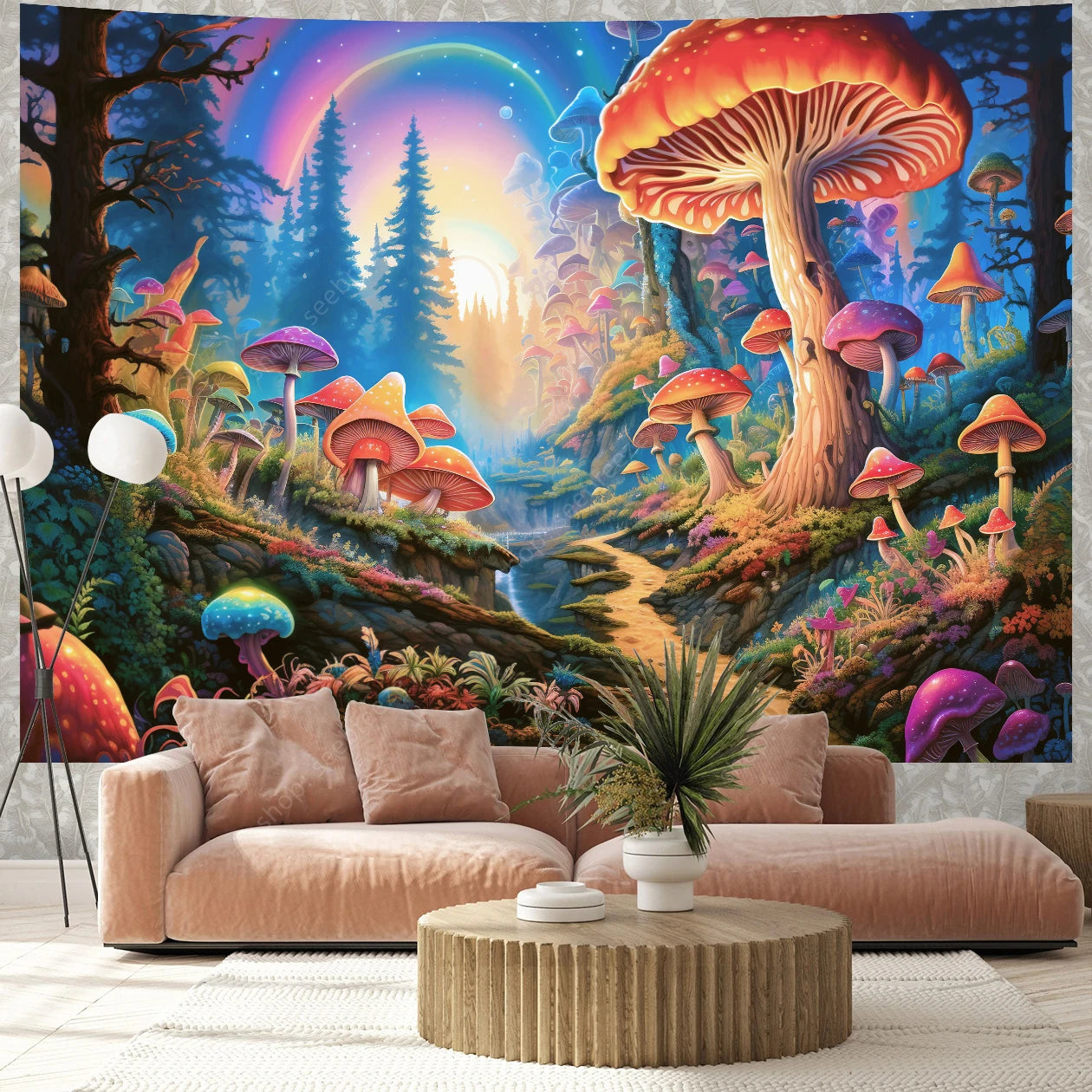 Fantasy Mushroom UV Reactive Tapestry Beautiful Floral Plant Tapestry Wall Hanging Gothic Home Wall Decor Room Decor Aesthetic