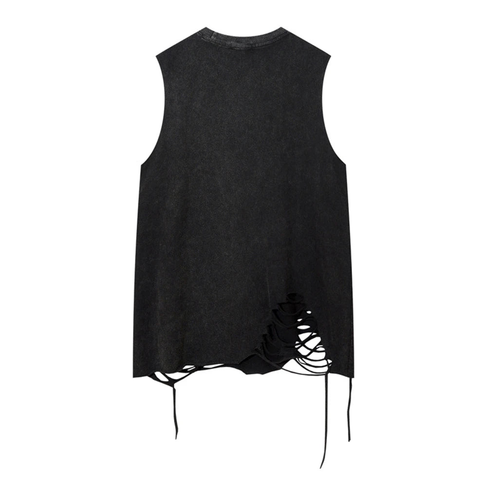 Hip Hop Tank Tops Men's Vintage Washed Sleeveless T-Shirt Hole Harajuku Dancing Breathable Tops with Necklace Streetwear