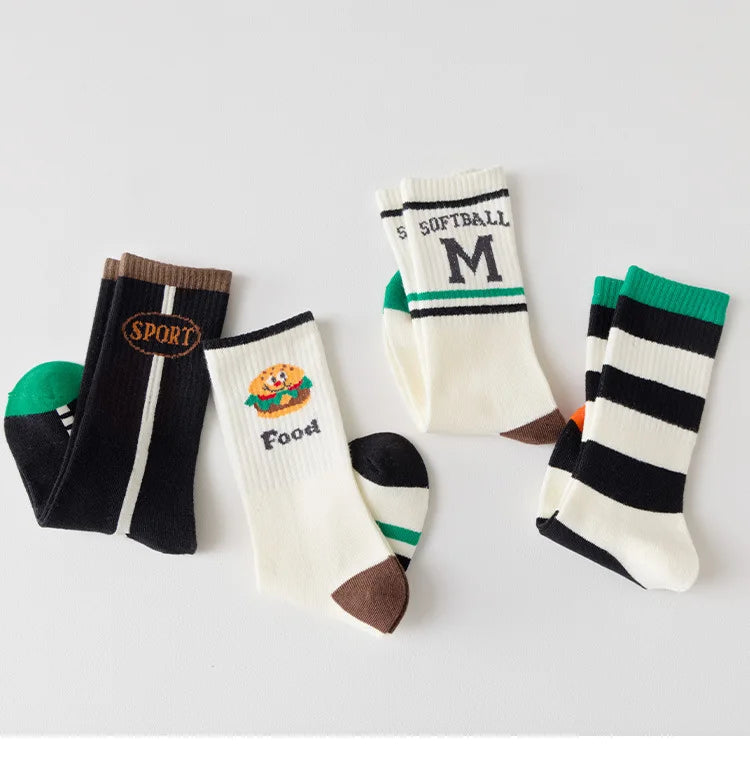 4 Pairs Long Socks Children's Newest Tennis Socks Knee Socks Cotton Striped Sporty Socks Boys Girls Skating Athletic Socks