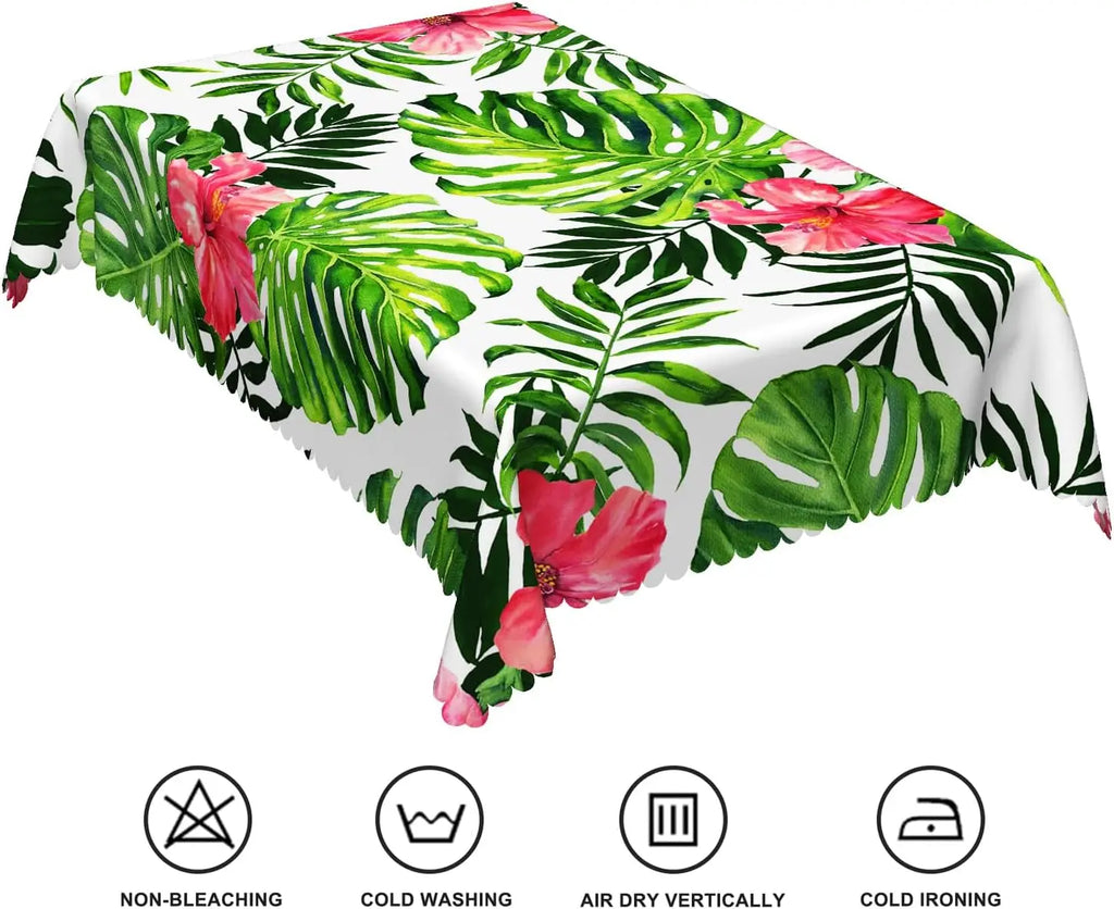 Green Palm Leaves Tropical Flowers Tablecloth Picnic Party Decor Summer Hawaiian Plants Rectangle Table Cloth Dining Table Decor
