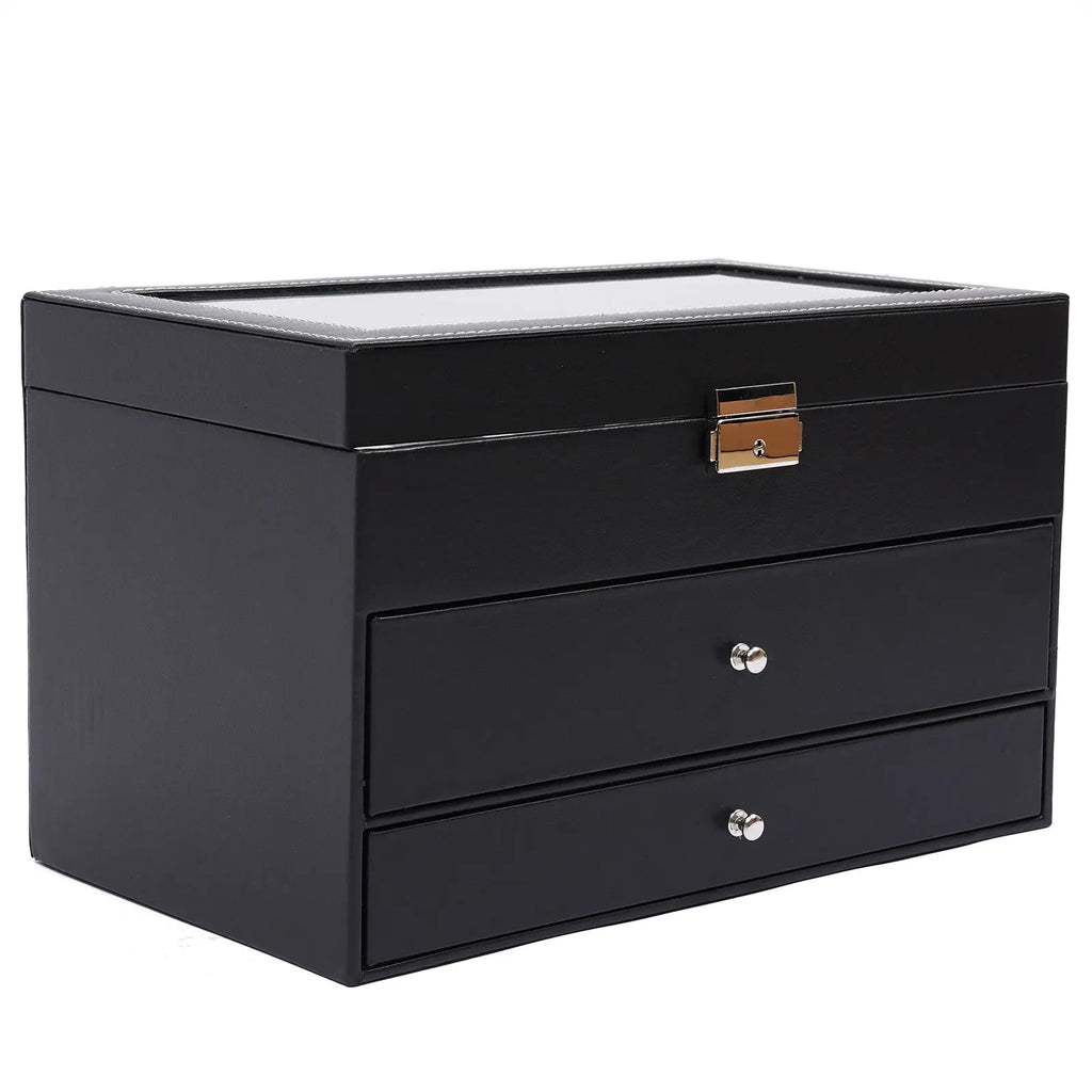 3 Layer Black Leather Watch And Eyeglasses&Sunglasses Box With Jewelry Display Drawer Metal Buckle Case Organizer