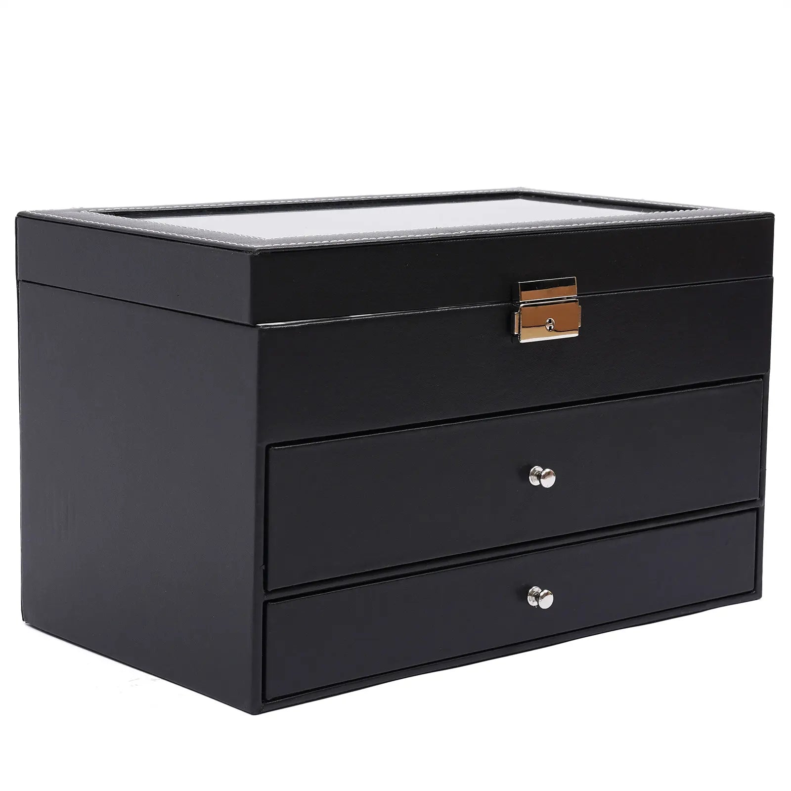 3 Layer Black Leather Watch And Eyeglasses&Sunglasses Box With Jewelry Display Drawer Metal Buckle Case Organizer