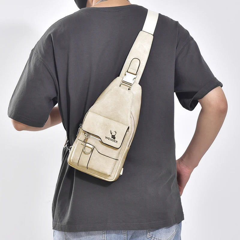 New PU Leather Crossbody Bag Vintage Casual Chest Bag Men Women Large Capacity Waterproof Sling Bag Simple Business Shoulder Bag