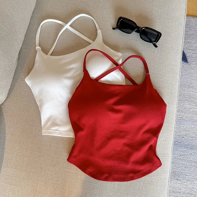 Summer Sexy ort Tank Top Women's Slim Fit Csole Vest Outerwear with Chest Pad Strap Vest Pure Color Faion Design