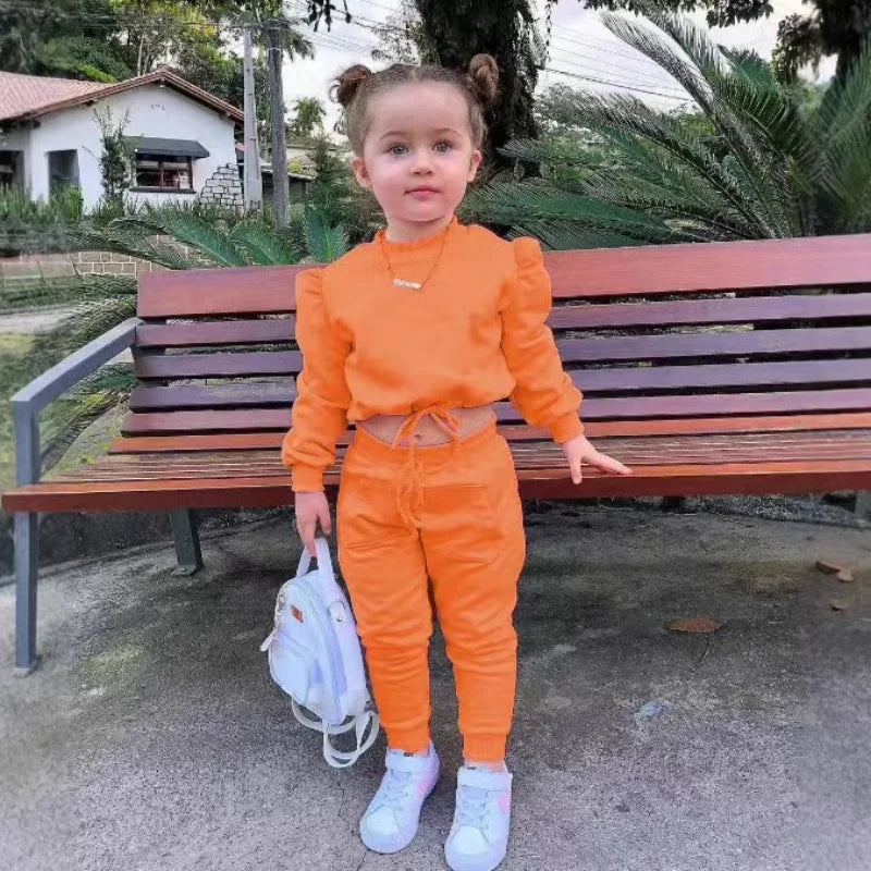 Children's Kids Girls Fall Clothing Outfits Solid Color Long Sleeve Crop Tops+Sport Pants Trousers Fashion Clothes Sets 1-7Y