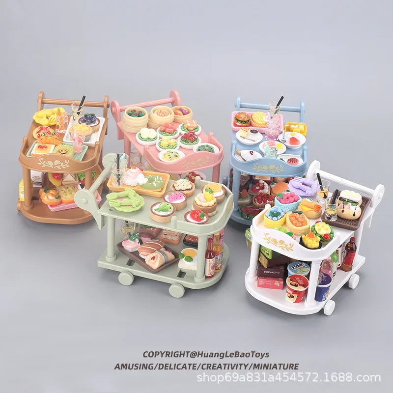 Dollhouse Food Carts Trolley with Mini Food 1set Dinnerware Drink Miniature House Toy Kitchen Scene Doll Accessories Home Decor