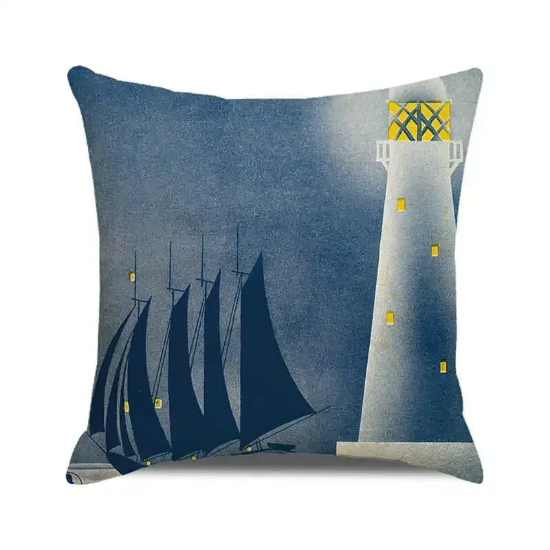 Throw Pillow Cover Watercolor Lighthouse Navigation Ocean Seagull Boat Home Sofa Cushion Cover Home Decor Pillowcase 40x40 Cm
