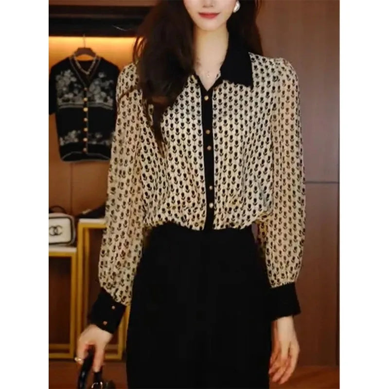 Women's Clothing Retro Floral Shirt Slimming Versatile for Spring and Summer Blouses