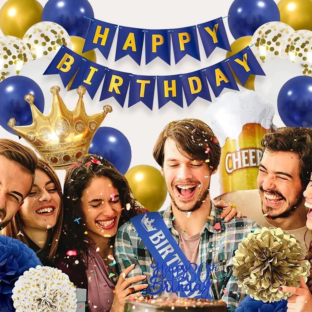Men 30th 40th Birthday Decorations Night Blue Gold Birthday Balloon Garland Kit with Birthday Shoulder Strap and Tablecloth