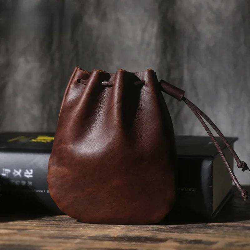 Drawstring Coin Storage Bag Handmade Genuine Leather Unisex Coin Purse Cow Leather Coins Money Pocket Retro Wallet Bags