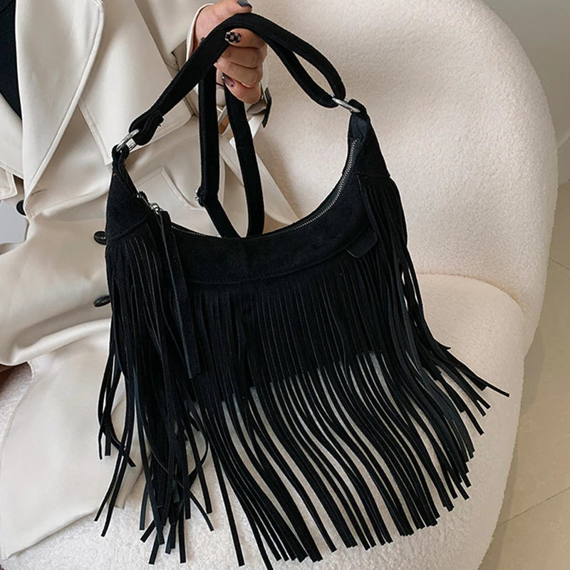 JIEROTYX Decor Fringe Trim Crossbody Purse Bag for Women Vintage Tassel Faux Suede Handbag Messenger Shoulder Bags