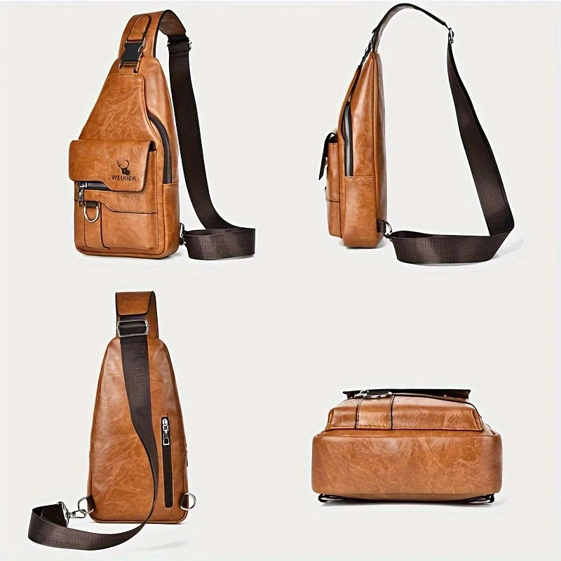 New PU Leather Crossbody Bag Vintage Casual Chest Bag Men Women Large Capacity Waterproof Sling Bag Simple Business Shoulder Bag