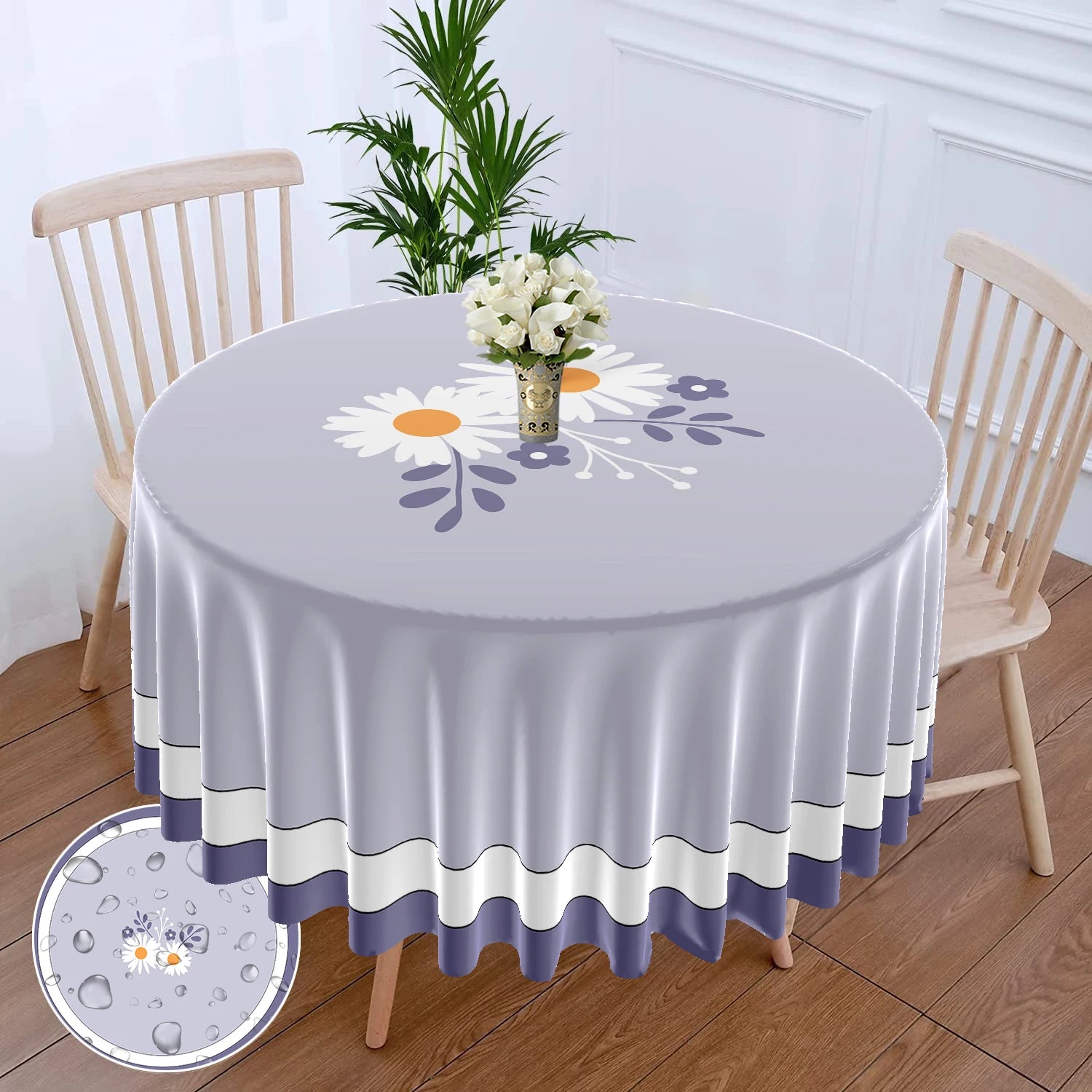 1 Piece Black White Checkered Circular Tablecloth Waterproof Dining Table Cover Lemon Bohemian Style 63 inch Tablecloth