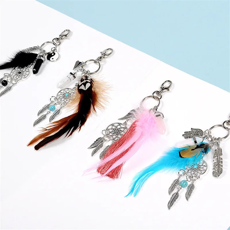 Handmade Craft Dreamnet Catcher Keychain Feather Tassel Jewelry Key Holder Dreamnet Pendant Car Wall Hanging Decoration B029