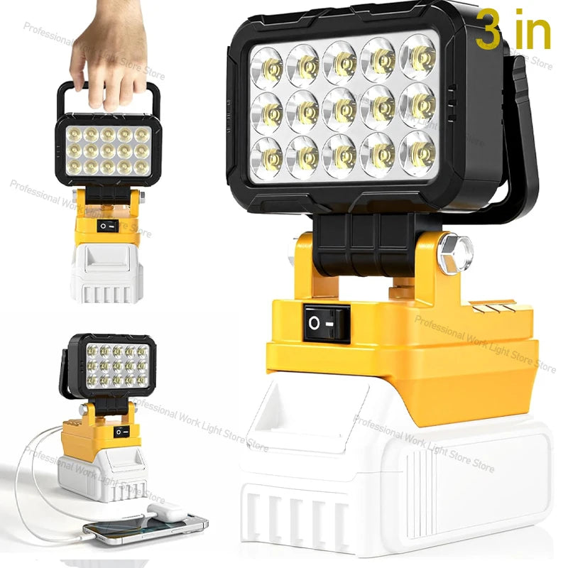 Cordless LED Work Light for DeWalt 20V Battery, 60W 6000LM Jobsite Flood Lights, Portable Outdoor Flashlight Dual USB Charging