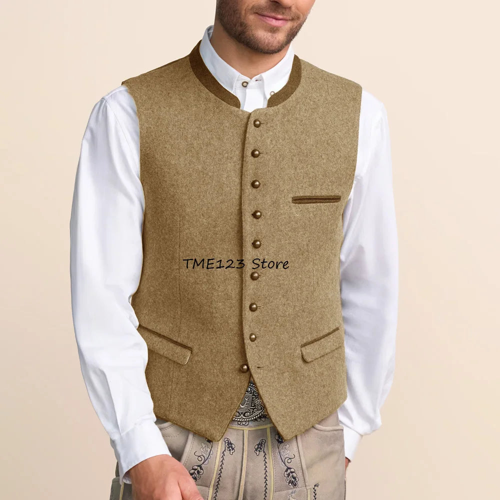 Men's Vest Single-breasted Stylish Stand-up Collar Fashion Suit Wool Fabric Flap Pockets Working Vintage Suits Blazer Clothing
