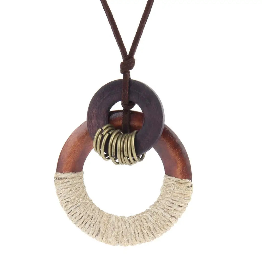 wood of vintage Circle Pendant with Hessian Rope Wrapped Lady Sweater Necklace