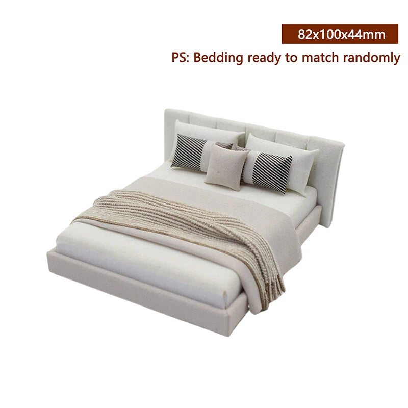 Dollhouse Cream Color Double Bed Model For Bedroom Micro Landscape Scene Miniature Furniture Doll Accessories