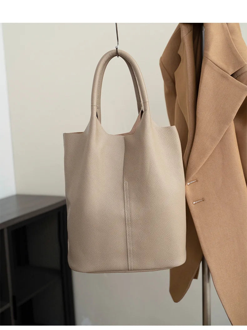 Genuine Grade Leather Women Commuter Tote Bag Ladies Soft Cowhide Tote Shoulder Handbag Large Female Bucket Bag Luxury Designer