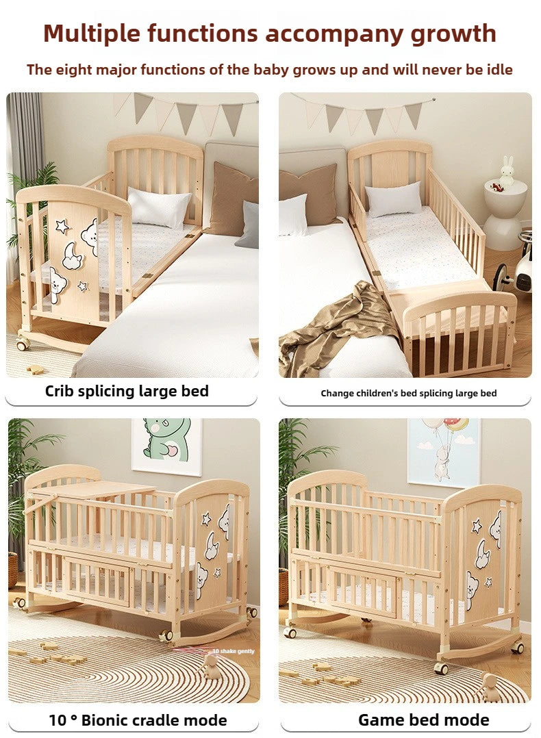 Baby Comfortable Sleeping Bed Solid Wood Newborn Baby Bed Multifunctional Baby Rocking Bed with Wheels and mosquito net