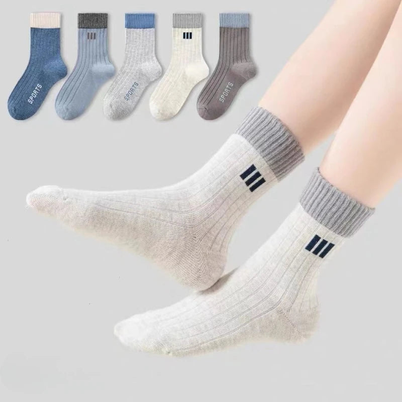 5-Pair Children's Socks for Boys Kids Mid-Calf Suitable for Spring Autumn and Winter Solid Color Student/Baby Boy School Style