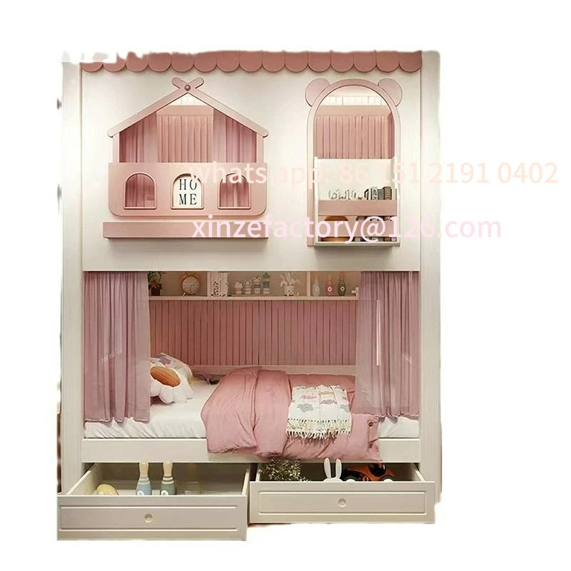 Customizable girl princess bunk bed two-story high-low sister high guardrail slide elevated bed