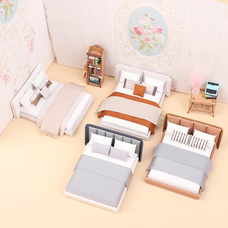 Dollhouse Cream Color Double Bed Model For Bedroom Micro Landscape Scene Miniature Furniture Doll Accessories