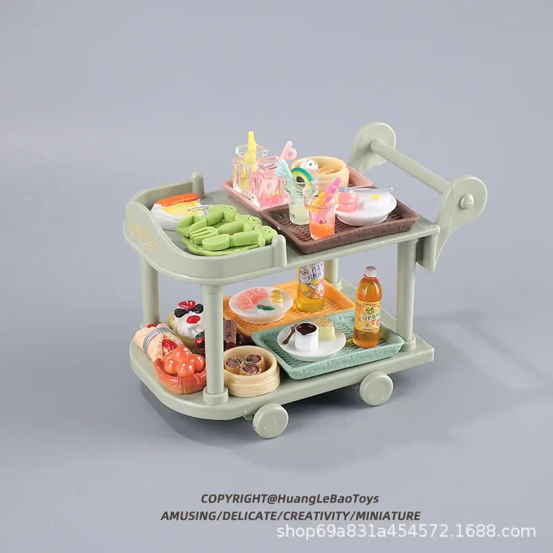 Dollhouse Food Carts Trolley with Mini Food 1set Dinnerware Drink Miniature House Toy Kitchen Scene Doll Accessories Home Decor