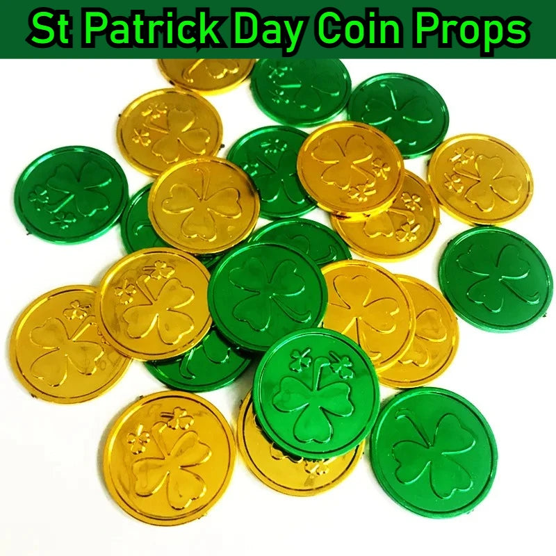 10/25/50pcs St Patrick Day Coin Props Green Clover Pattern Coin Fake Treasure Plastic Simulation Kids Festival Party Gifts Coin