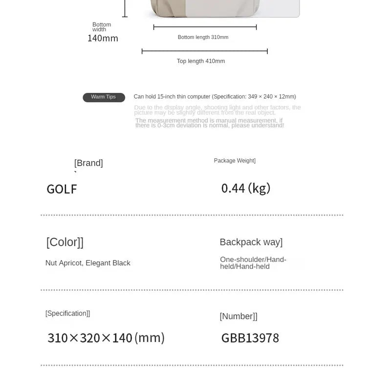 GOLF Women's Shoulder Bag Urban Commuter Large Capacity Computer Tote Bag Lightweight Travel Simple Design for College Students