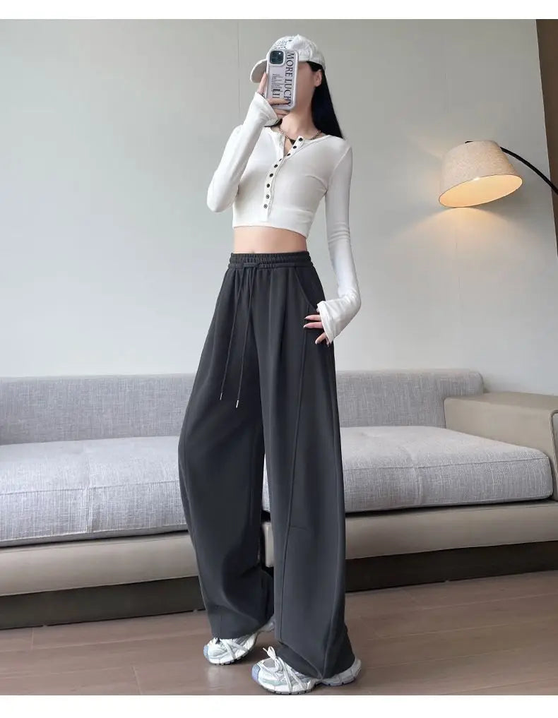 Loose Wide Leg Pants Women's High Waist Trousers Casual Sports Grey Curved Blade Long Length plus Size Comfortable Summer 2025