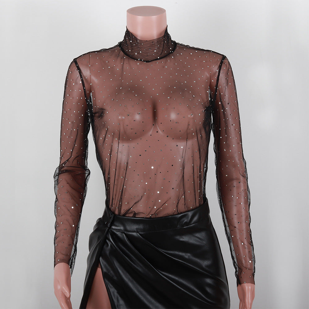 Summer Sexy Lace Mesh Sheer T Shirt Women Transparent Tops Turtleneck See Through Cover Up  Long Sleeve Shine Rhinestone Crops
