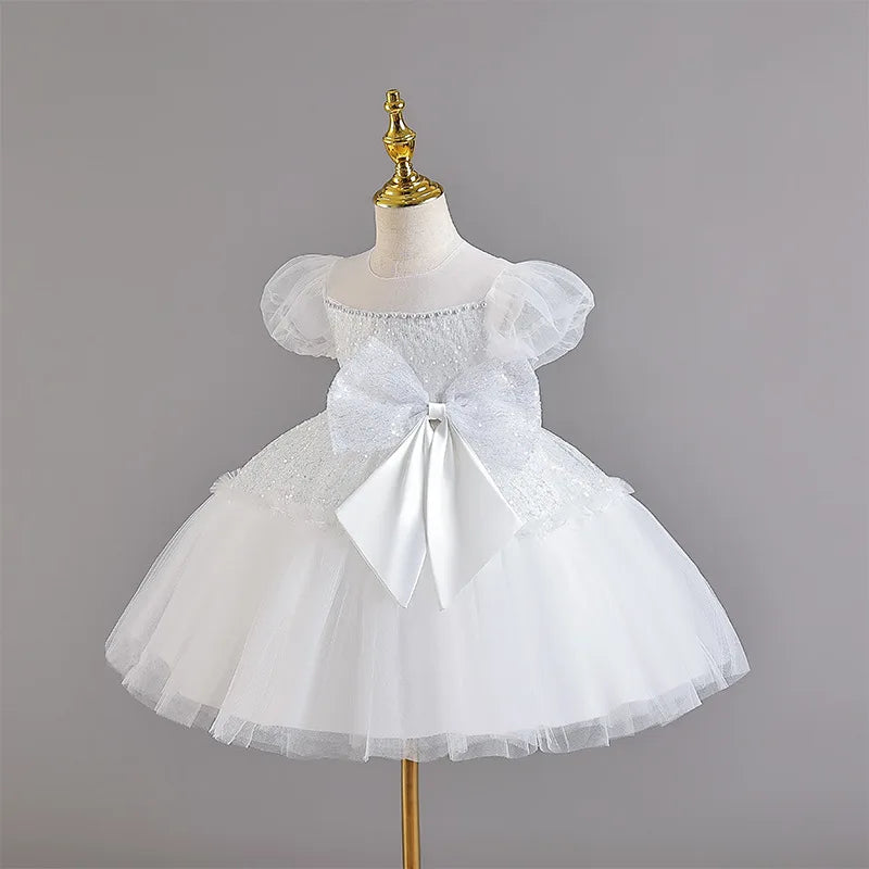 Summer clothing suitable for toddlers mesh large bow baby's first birthday ball dress white baby girl baptism dress