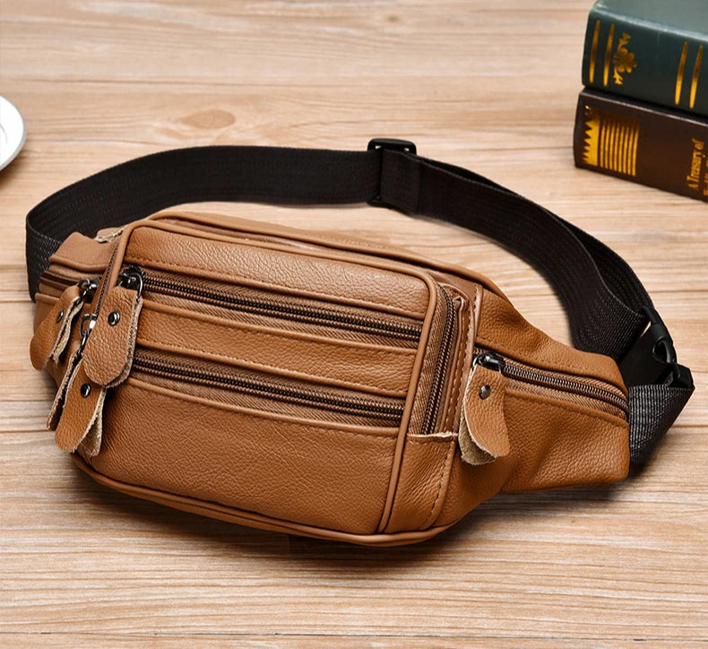Large Capacity Waterproof PU Leather Men's Waist Bag Male Zipper Site Workers Travel Phone Bag Fanny Pack Men
