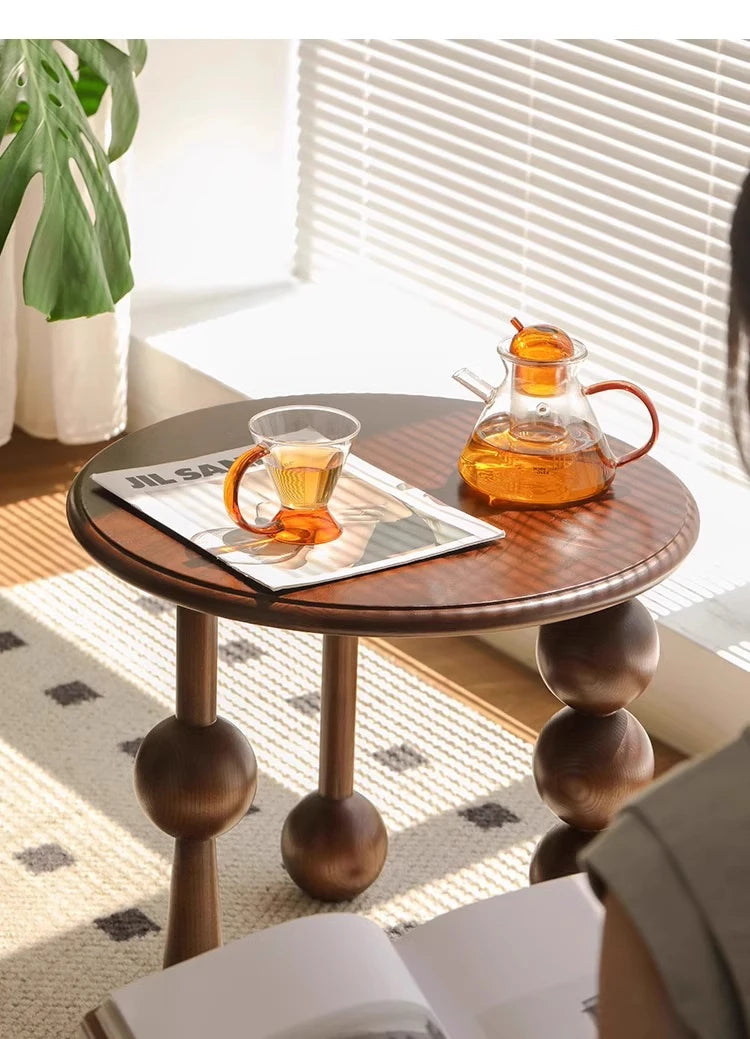 French Light Luxury Walnut Coffee Table Vintage Round Storage End Table Solid Wood Sofa Nightstand Living Room Bedside Accent