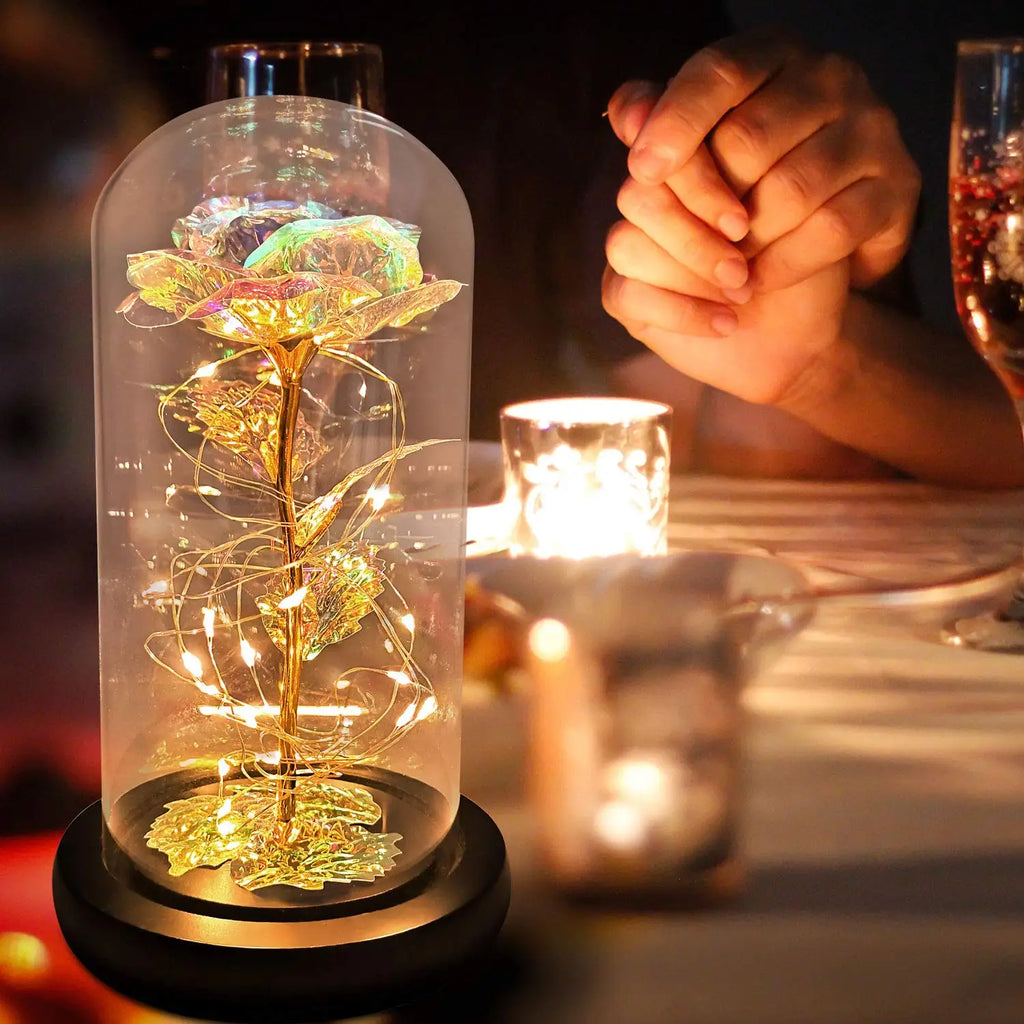 Artificial Glass Flower with Eternal Rose of the LED Light for Women Beauty and Beast Rose Birthday Gifts for Girls Christmas