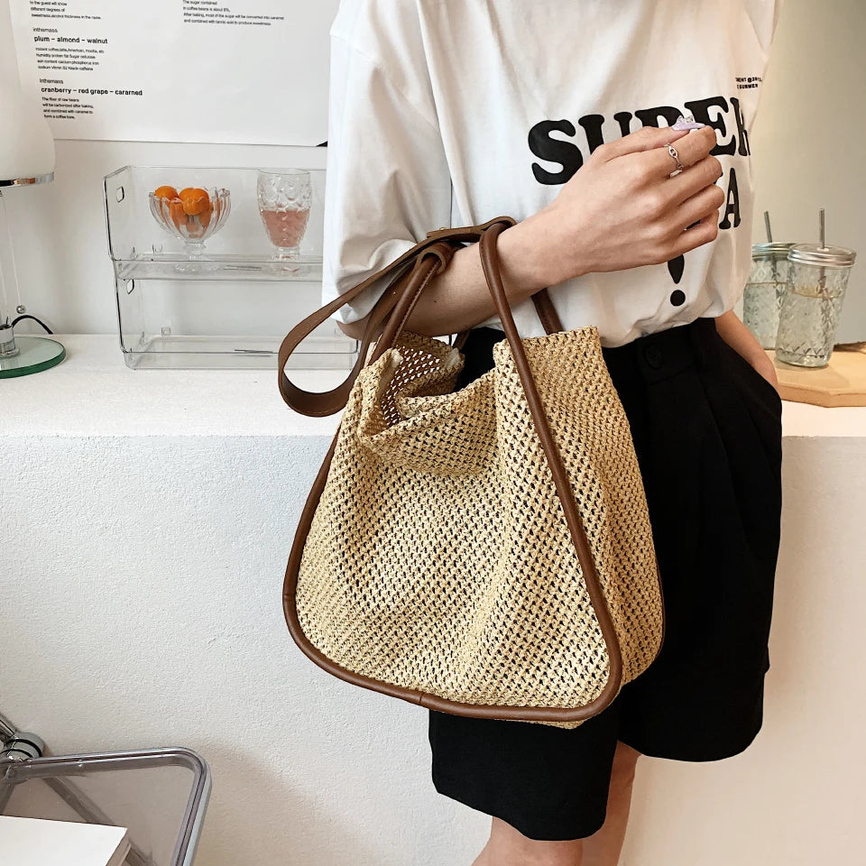 Summer Large Beach Bag Ladies Designer Tote Straw Woven Hollow Shoulder Out Soft Large Capacity Vacation Shopping Handbag Purse