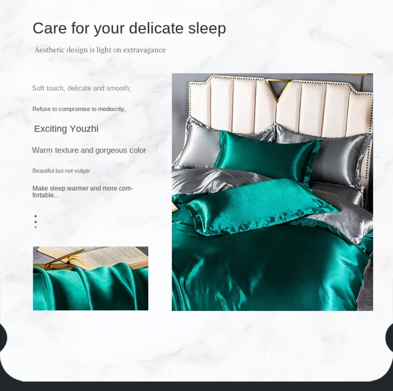 A/B Double-Sided Color Bedding Set Silky Satin Duvet Cover Bed Sheet Pillowcase Luxury Bedsheet King Queen Double Twin Size