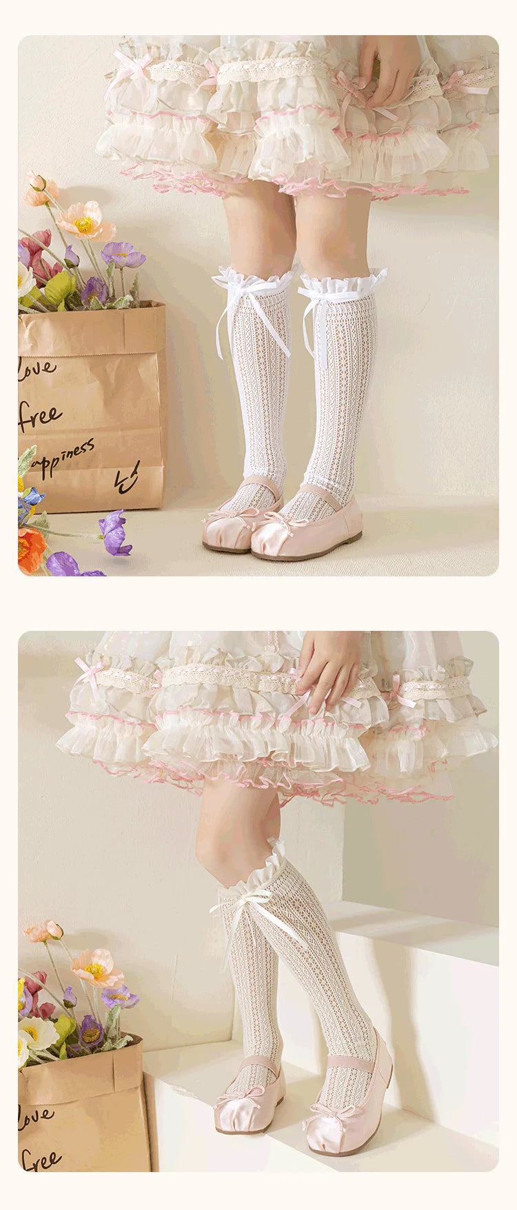 Girls Kids Geometric Retro Twists bowknot Long Kawaii Socks Princess Sweet Baby Over Knee High Sock Hollow mesh Lolita Stockings